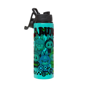 Labubu superheroes, Μεταλλικό παγούρι νερού με καπάκι ασφαλείας, αλουμινίου 850ml
