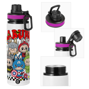 Labubu superheroes, Μεταλλικό παγούρι νερού με καπάκι ασφαλείας, αλουμινίου 850ml