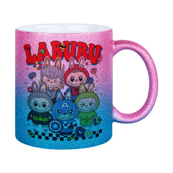 Labubu superheroes, Κούπα Χρυσή/Μπλε Glitter, κεραμική, 330ml
