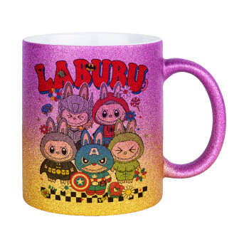 Labubu superheroes, Κούπα Χρυσή/Ροζ Glitter, κεραμική, 330ml