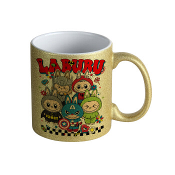 Labubu superheroes, Κούπα Χρυσή Glitter που γυαλίζει, κεραμική, 330ml