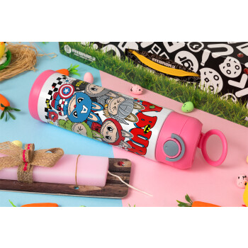 Labubu superheroes, Πασχαλινή Λαμπάδα με Παιδικό παγούρι θερμό, ανοξείδωτο, με καλαμάκι ασφαλείας, ΡΟΖ (500ml)