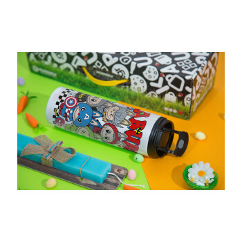 Labubu superheroes, Πασχαλινή Λαμπάδα με Travel Tumbler θερμό με διπλό καπάκι (600ml, BPA free) & κερί αρωματικό πλακέ (30cm) (ΤΙΡΚΟΥΑΖ)
