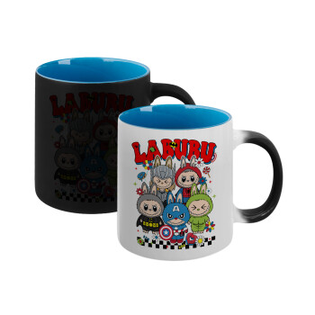 Labubu superheroes, Κούπα Μαγική εσωτερικό μπλε, κεραμική 330ml που αλλάζει χρώμα με το ζεστό ρόφημα