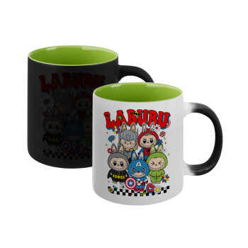 Labubu superheroes, Κούπα Μαγική εσωτερικό πράσινο, κεραμική 330ml που αλλάζει χρώμα με το ζεστό ρόφημα