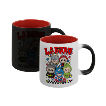 Labubu superheroes, Κούπα Μαγική εσωτερικό κόκκινο, κεραμική, 330ml που αλλάζει χρώμα με το ζεστό ρόφημα