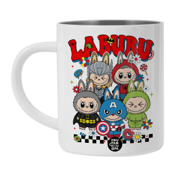 Labubu superheroes, Λευκή Ανοξείδωτη Μεταλλική Κούπα 450ml - Διπλού Τοιχώματος 