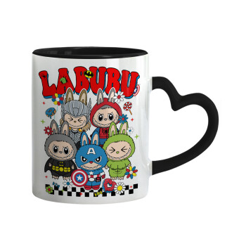 Labubu superheroes, Mug heart black handle, ceramic, 330ml