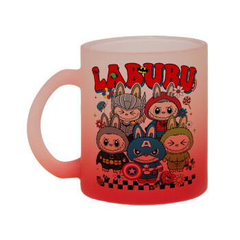 Labubu superheroes, Κούπα γυάλινη δίχρωμη με βάση το κόκκινο ματ, 330ml
