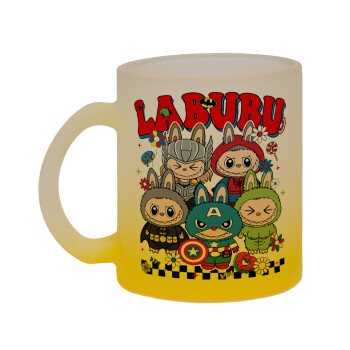 Labubu superheroes, Κούπα γυάλινη δίχρωμη με βάση το κίτρινο ματ, 330ml