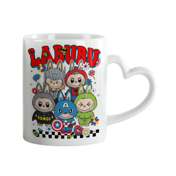 Labubu superheroes, Κούπα καρδιά χερούλι λευκή, κεραμική, 330ml