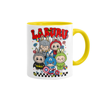 Labubu superheroes, Κούπα χρωματιστή κίτρινη, κεραμική, 330ml