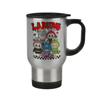 Labubu superheroes, Stainless steel travel mug with lid, double wall 450ml