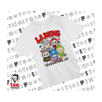 Labubu superheroes, Άνετο παιδικό T-Shirt ΛΕΥΚΟ από 100% βαμβάκι, για κάθε μέρα. Vegan & OEKO-TEX πιστοποιημένο.