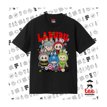Labubu superheroes, Κλασικό T-Shirt, διπλής ραφής, χωρίς πλευρικές ραφές ΜΑΥΡΟ από 100% βαμβάκι. Vegan & OEKO-TEX πιστοποιημένο.