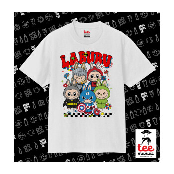 Labubu superheroes, Κλασικό T-Shirt, διπλής ραφής, χωρίς πλευρικές ραφές ΛΕΥΚΟ από 100% βαμβάκι. Vegan & OEKO-TEX πιστοποιημένο.