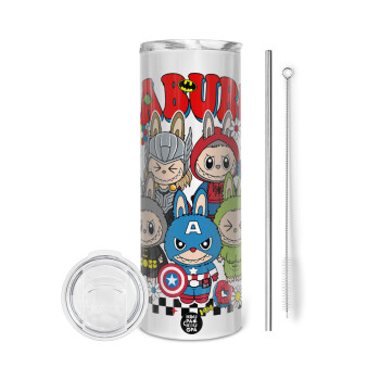 Labubu superheroes, Tumbler ποτήρι θερμό από ανοξείδωτο ατσάλι 600ml, με μεταλλικό καλαμάκι & βούρτσα καθαρισμού