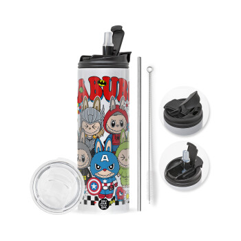 Labubu superheroes, Travel Tumbler 2 Lids, with metal straw & cleaning brush (Stainless steel 304 Food grade, BPA free, 600ml)