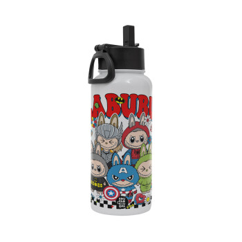 Labubu superheroes, Metal mug thermo White with Straw and Spout Lid (Stainless steel), double wall, 950ml