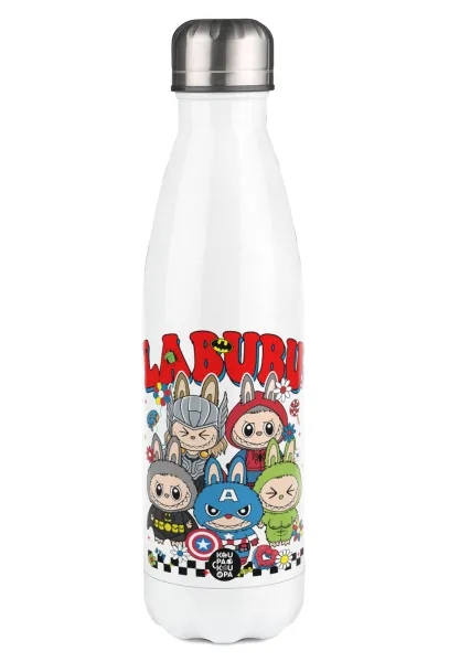 Labubu superheroes — Μεταλλικό παγούρι θερμός Λευκό (Stainless steel), διπλού τοιχώματος, 500ml