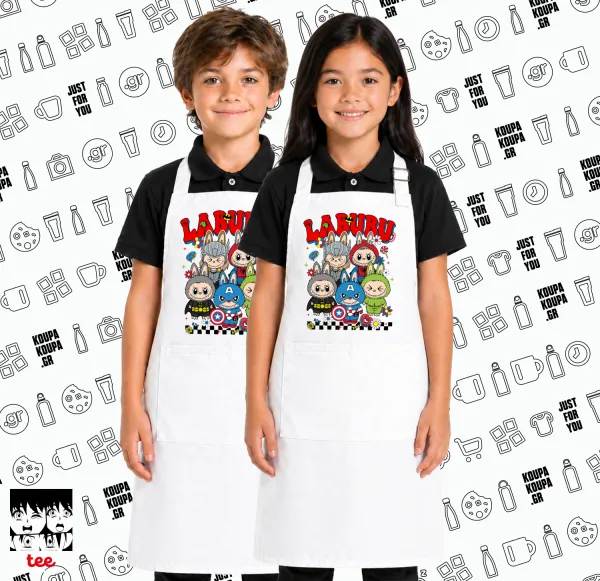 Labubu superheroes — Λευκή Παιδική Ποδιά μαγειρικής με τσέπες