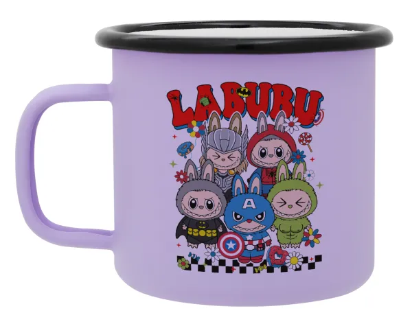 Labubu superheroes — Metal enamel mug, matte light pastel purple, 360ml