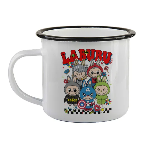 Labubu superheroes — Enamel mug with black rim, 360ml