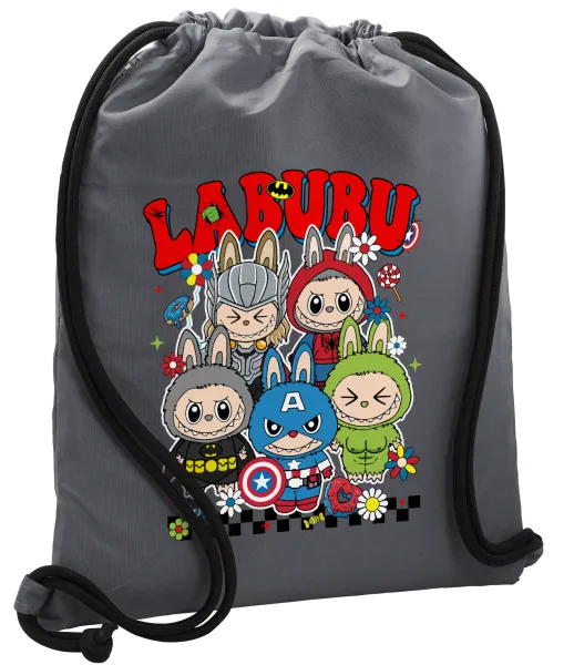 Labubu superheroes — Τσάντα πλάτης πουγκί GYMBAG ΓΚΡΙ, με τσέπη (40x48cm) & χονδρά κορδόνια