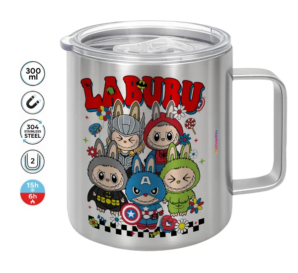 Labubu superheroes — Double-walled stainless steel mug 300ml with temperature-retaining lid