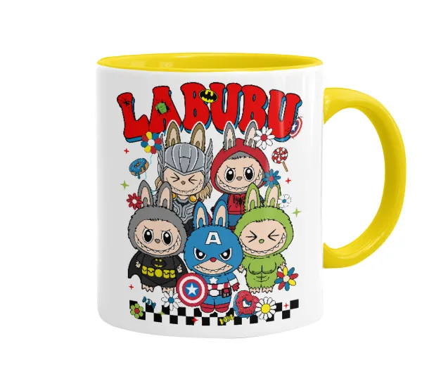Labubu superheroes — Mug colored yellow, ceramic, 330ml
