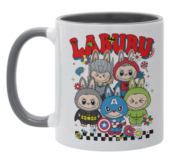 Labubu superheroes — Κούπα χρωματιστή γκρι, κεραμική, 330ml
