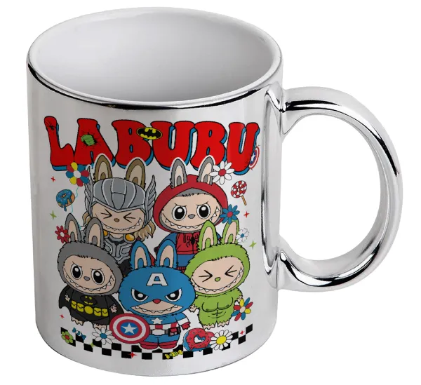 Labubu superheroes — Mug ceramic, silver mirror, 330ml