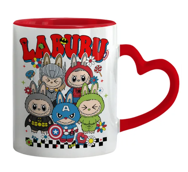 Labubu superheroes — Κούπα καρδιά χερούλι κόκκινη, κεραμική, 330ml