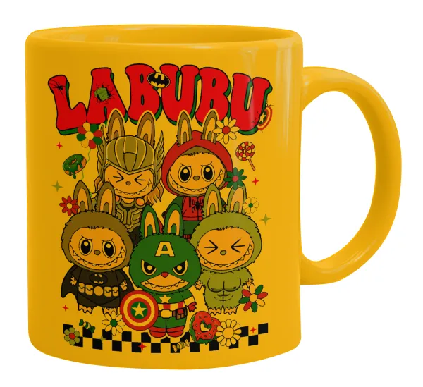 Labubu superheroes — Ceramic coffee mug yellow, 330ml