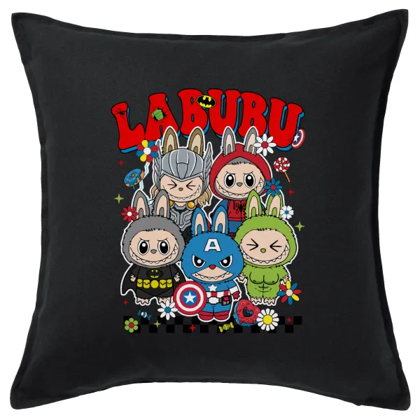 Labubu superheroes — Μαξιλάρι καναπέ Μαύρο 100% βαμβάκι, περιέχεται το γέμισμα (50x50cm)