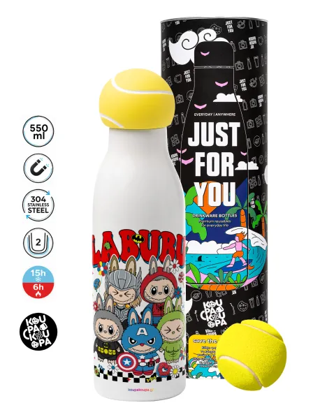 Labubu superheroes — Tennis ball Metal mug thermos White, double wall, 550ml