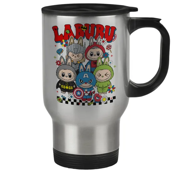 Labubu superheroes — Stainless steel travel mug with lid, double wall 450ml