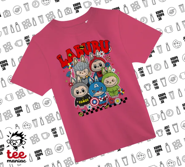 Labubu superheroes — ΡΟΖ παιδικό T-Shirt από 100% βαμβάκι, για κάθε μέρα. Vegan & OEKO-TEX πιστοποιημένο.