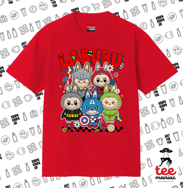 Labubu superheroes — ΚΟΚΚΙΝΟ Κλασικό T-Shirt, διπλής ραφής, χωρίς πλευρικές ραφές από 100% βαμβάκι. Vegan & OEKO-TEX πιστοποιημένο.