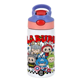 Labubu superheroes, Παιδικό παγούρι θερμό, ανοξείδωτο, με καλαμάκι ασφαλείας, ροζ/μωβ (350ml)