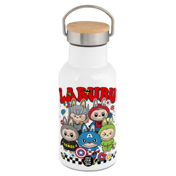 Labubu superheroes, Μεταλλικό παγούρι θερμός (Stainless steel) Λευκό με ξύλινο καπακι (bamboo), διπλού τοιχώματος, 350ml