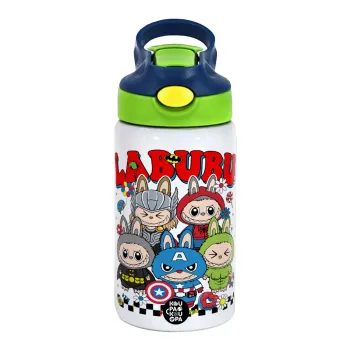 Labubu superheroes, Παιδικό παγούρι θερμό, ανοξείδωτο, με καλαμάκι ασφαλείας, πράσινο/μπλε (350ml)