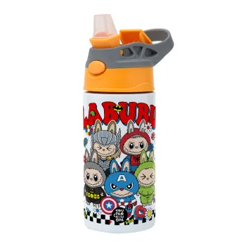 Labubu superheroes, Παιδικό παγούρι θερμό, ανοξείδωτο, με καλαμάκι ασφαλείας, Πορτοκαλί/Γκρι (360ml) BPA-FREE