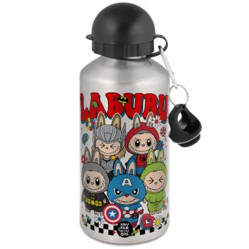 Labubu superheroes, Μεταλλικό παγούρι νερού, Ασημένιο, αλουμινίου 500ml
