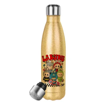 Labubu superheroes, Μεταλλικό παγούρι θερμός Glitter χρυσό (Stainless steel), διπλού τοιχώματος, 500ml