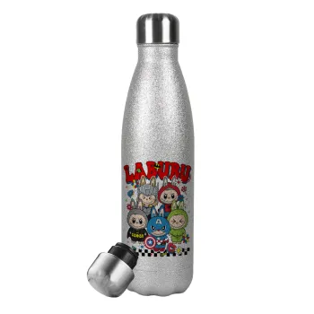 Labubu superheroes, Metallic Glitter Silver Thermos Flask (Stainless steel), double-walled, 500ml