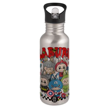 Labubu superheroes, Water bottle Silver with straw, stainless steel 600ml