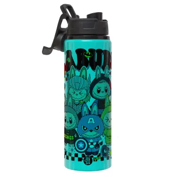 Labubu superheroes, Μεταλλικό παγούρι νερού με καπάκι ασφαλείας, αλουμινίου 850ml