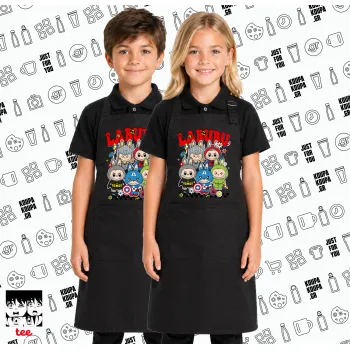 Labubu superheroes, Μαύρη ΠΑΙΔΙΚΗ Ποδιά μακριά Σεφ ολόσωμη με τσέπες