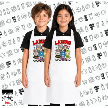 Labubu superheroes, Λευκή ΠΑΙΔΙΚΗ Ποδιά μακριά Σεφ ολόσωμη με τσέπες